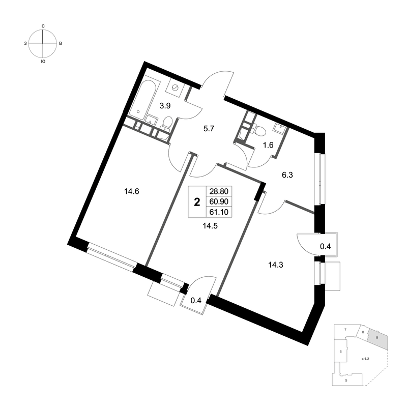 2 ккв 61,1 м²