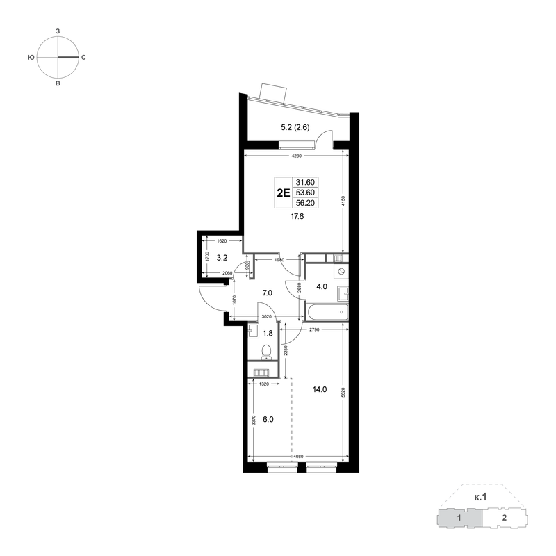 2 ккв (Евро) 53,4 м²