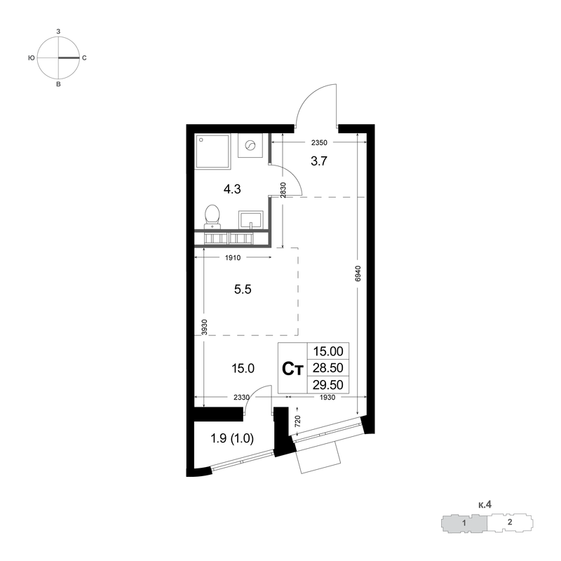 Студия 28,5 м²
