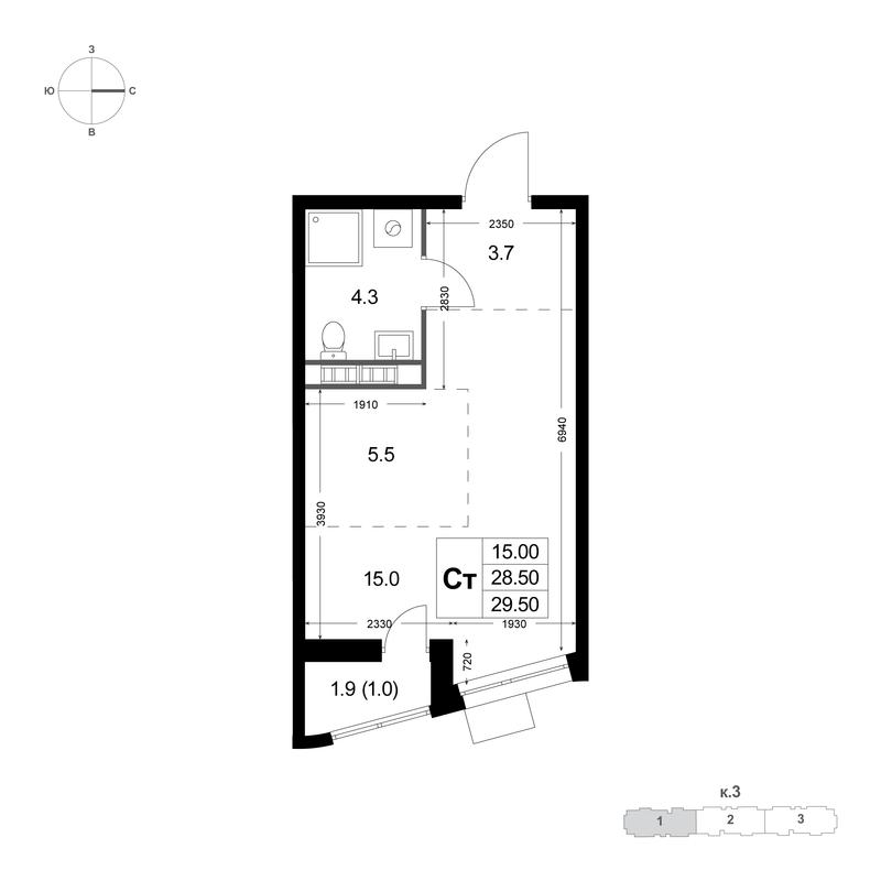 Студия 28,5 м²