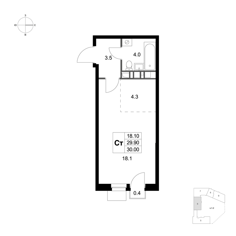 Студия 30 м²