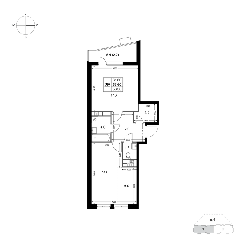 2 ккв (Евро) 53,7 м²