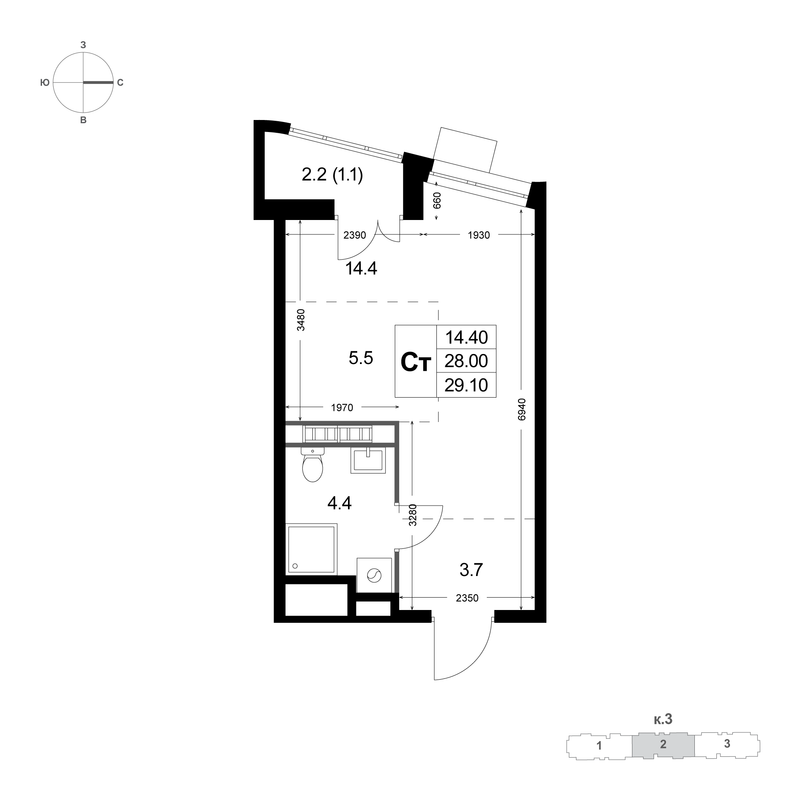 Студия 28 м²