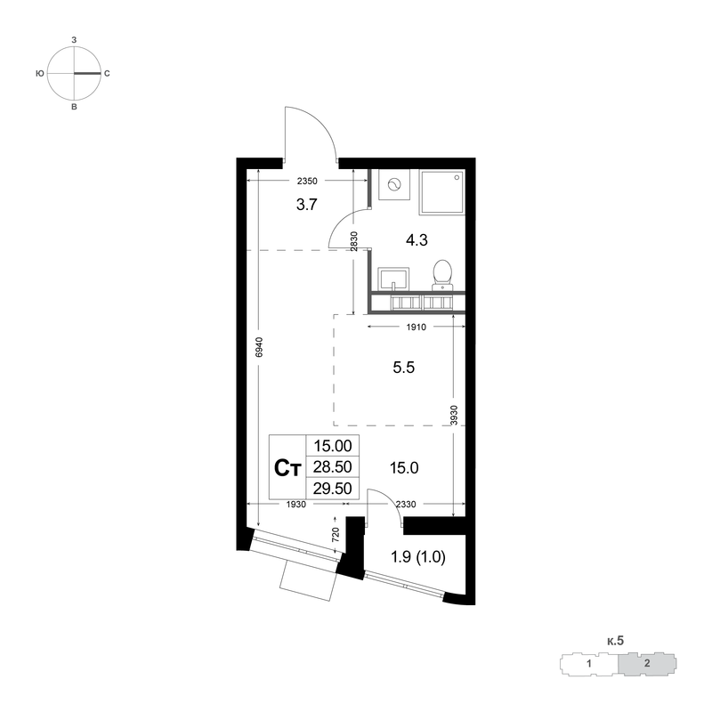 Студия 28,5 м²