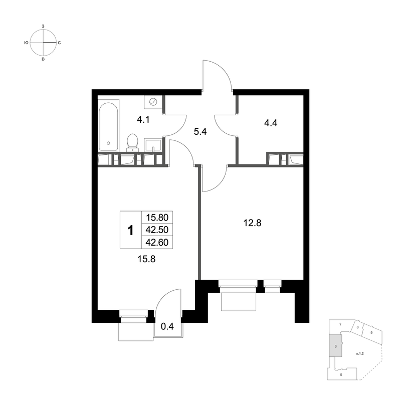 1 ккв 42,6 м²