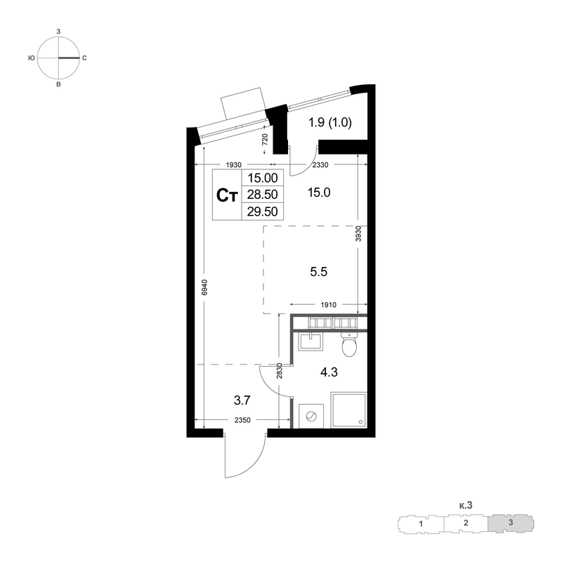Студия 28,7 м²