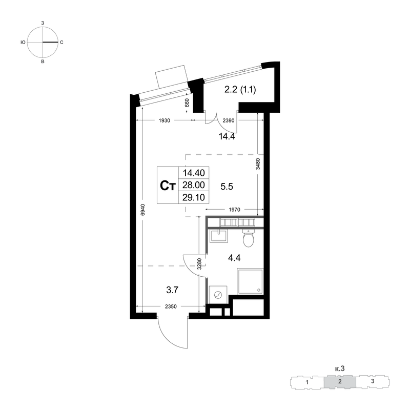 Студия 28 м²