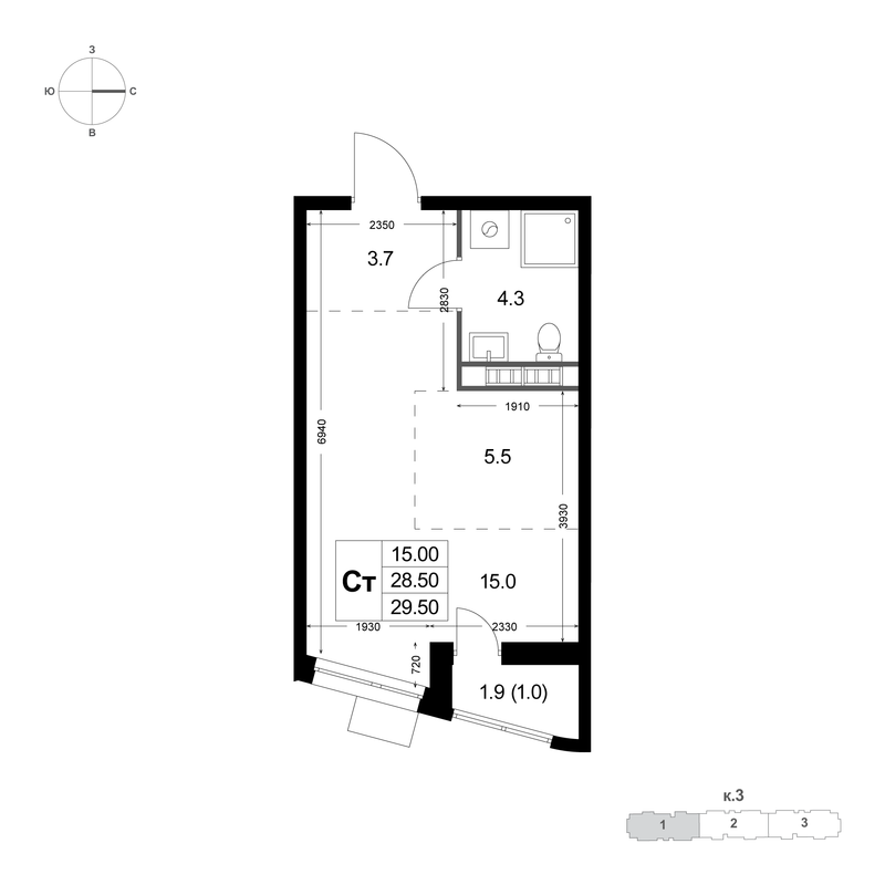 Студия 28,6 м²