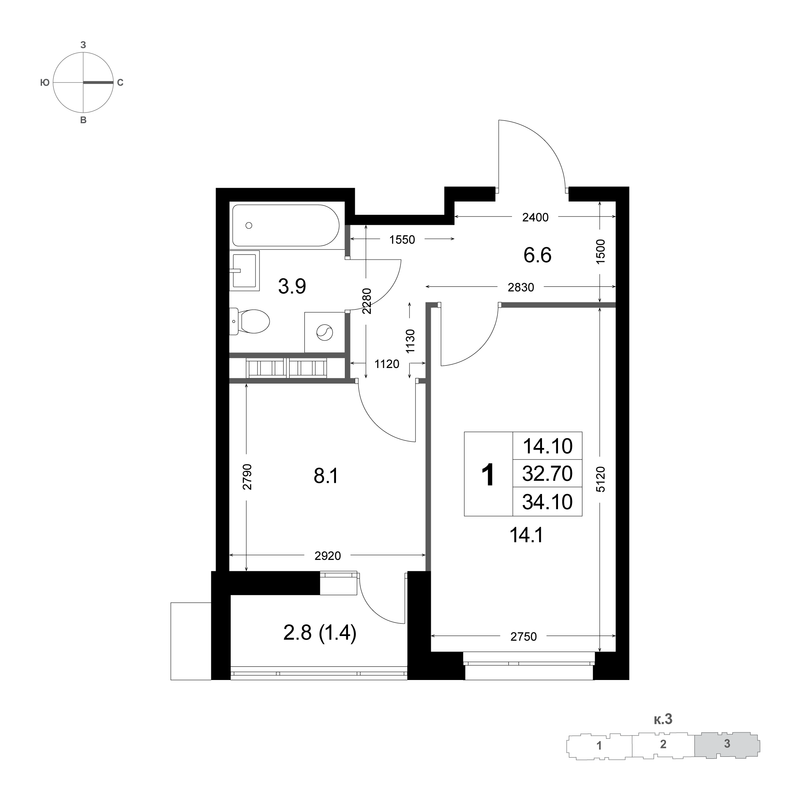 1 ккв 32,7 м²