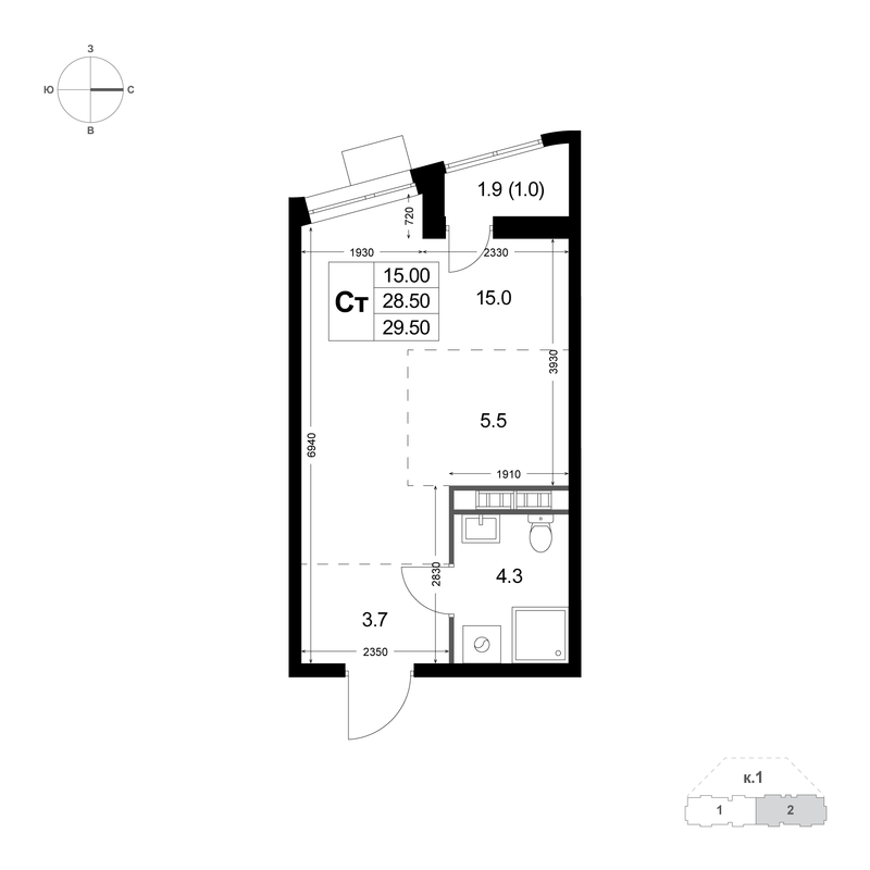 Студия 28,6 м²