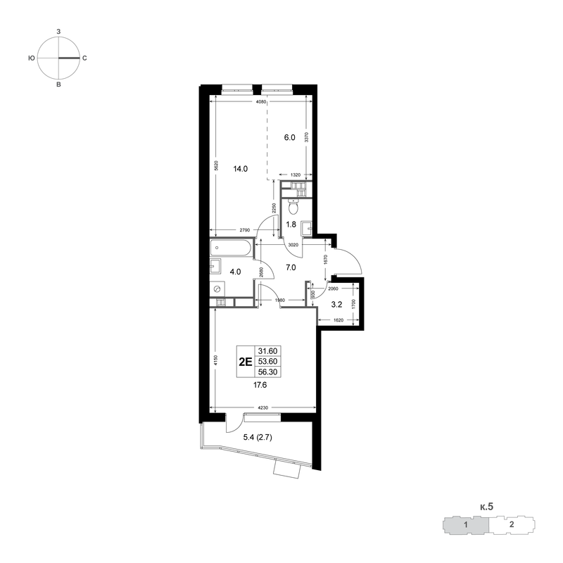 2 ккв (Евро) 53,6 м²