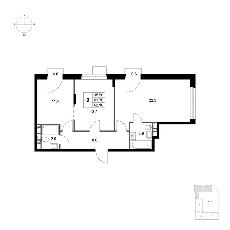 2 ккв 62,1 м²