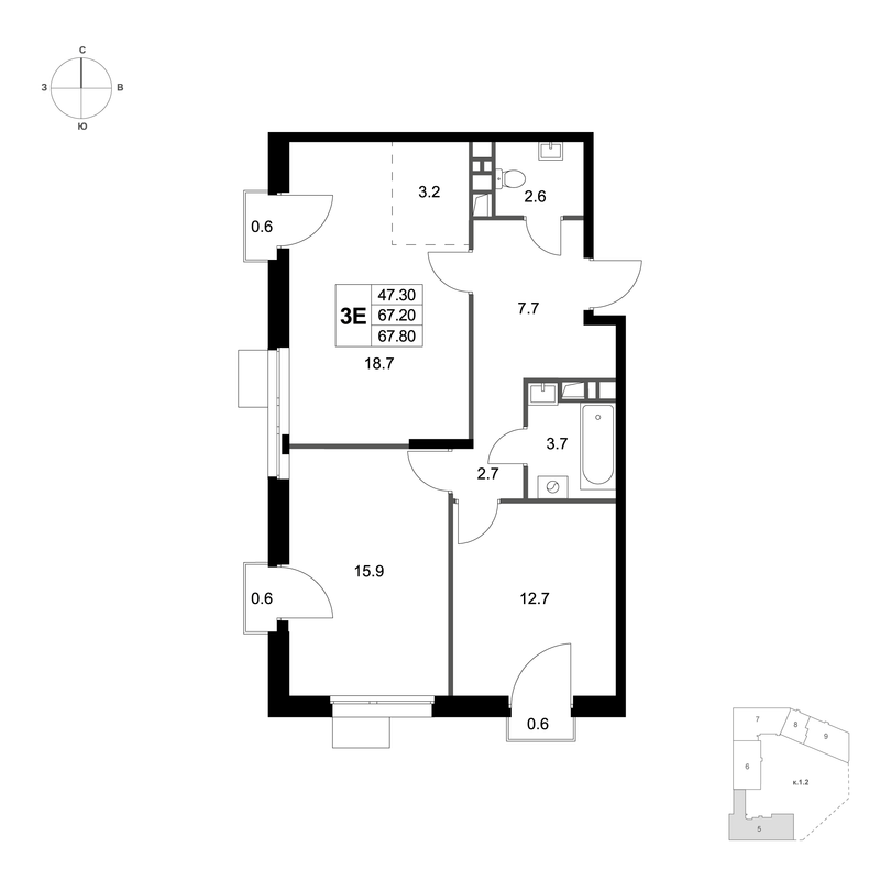3 ккв (Евро) 67,8 м²