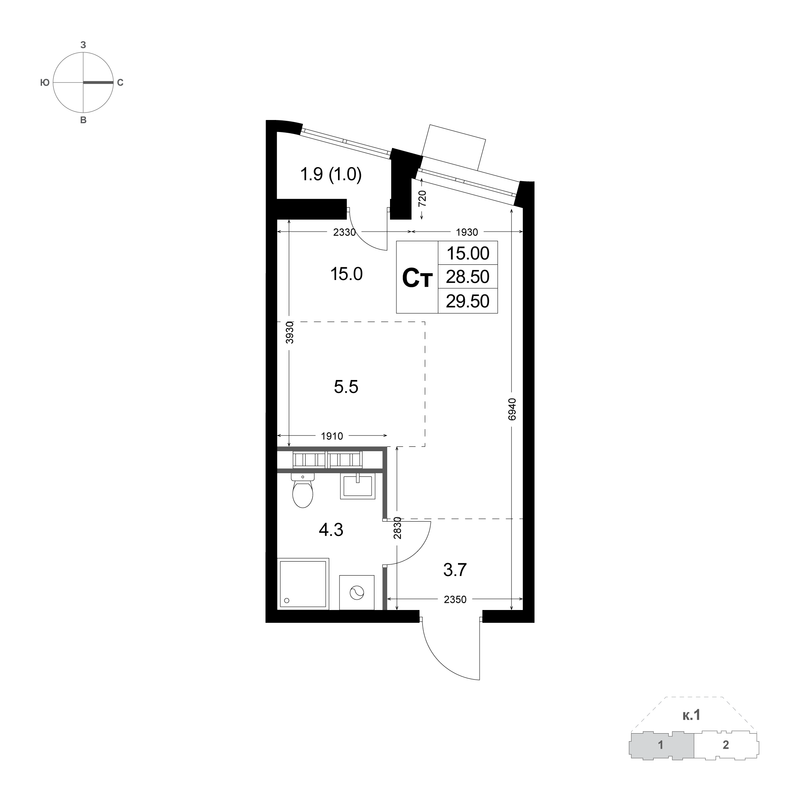 Студия 28,5 м²