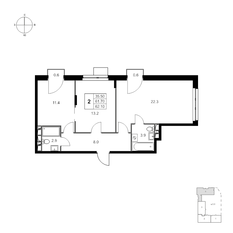 2 ккв 62,1 м²