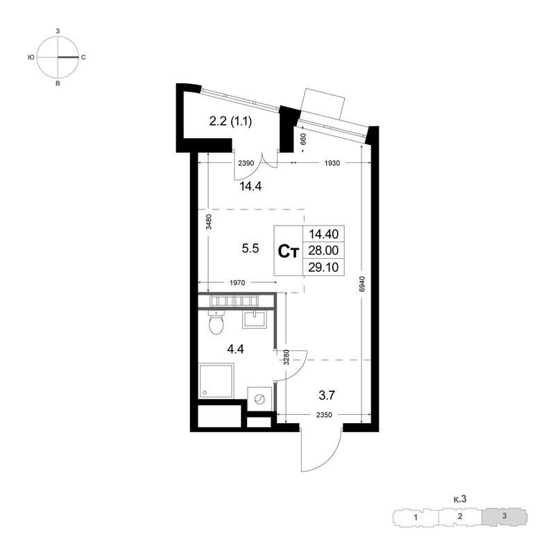 Студия 28 м²