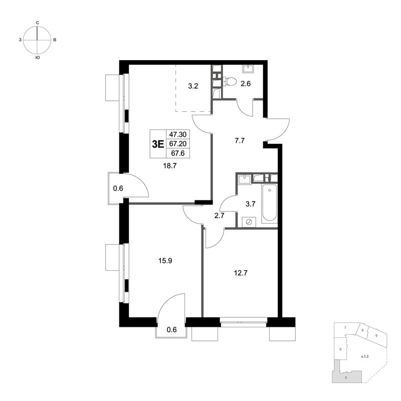 3 ккв (Евро) 67,6 м²
