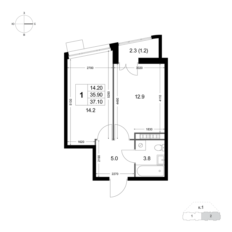 1 ккв 35,8 м²
