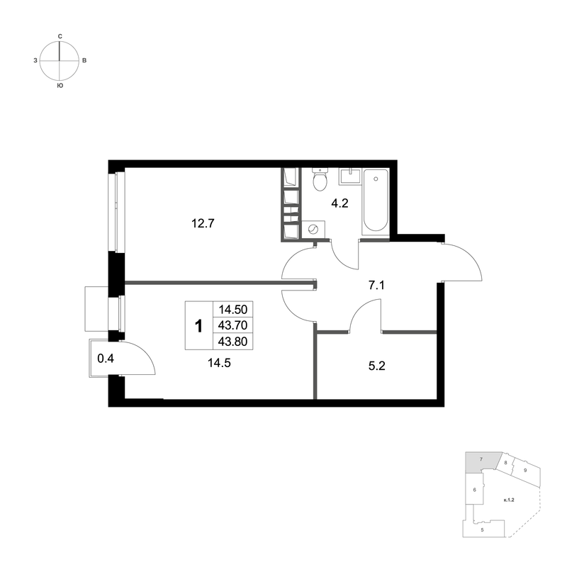 1 ккв 43,8 м²
