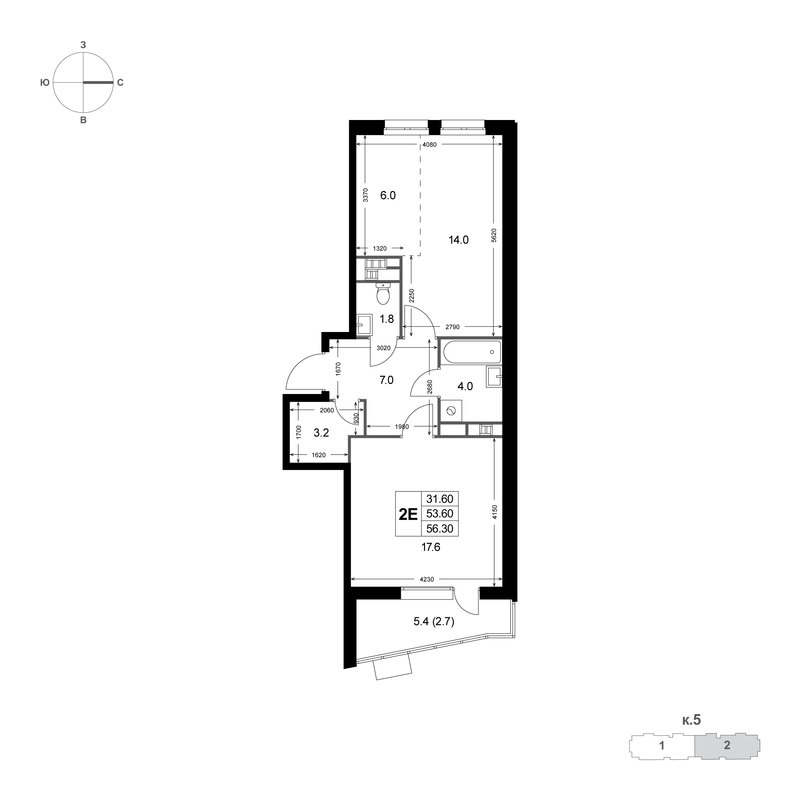 2 ккв (Евро) 53,5 м²