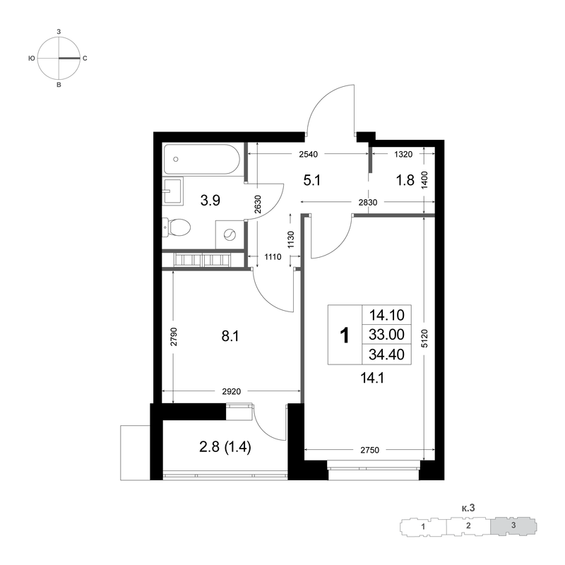 1 ккв 33,1 м²