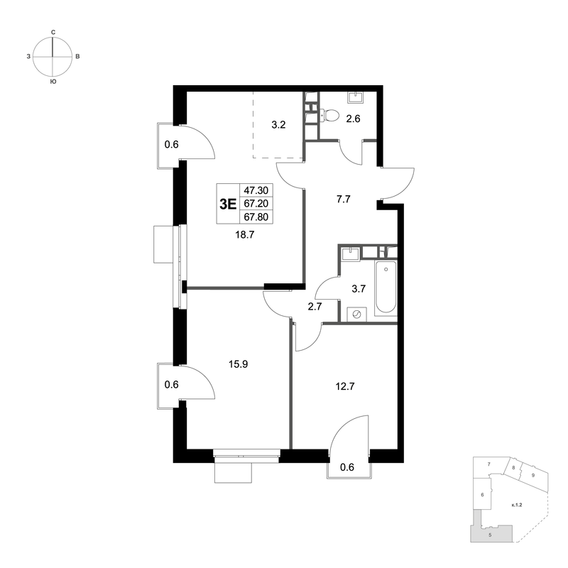 3 ккв (Евро) 67,8 м²