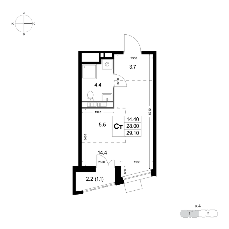 Студия 28 м²
