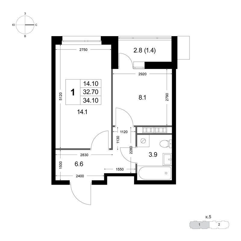 1 ккв 32,8 м²