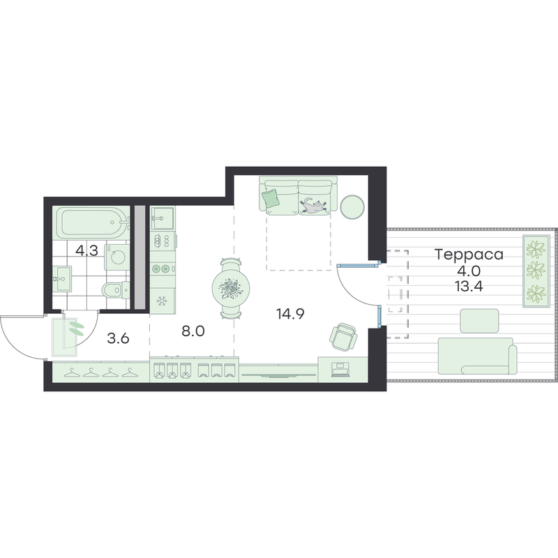 Студия 34,8 м²