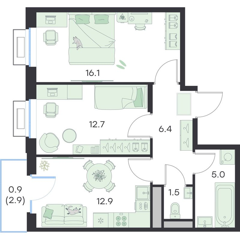 2 ккв 55,5 м²