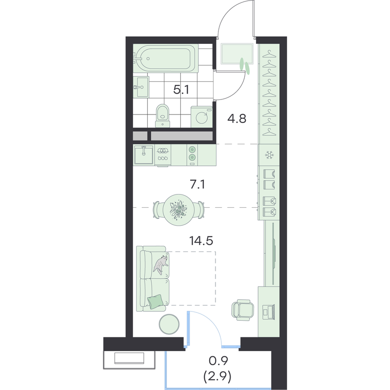 Студия 33 м²