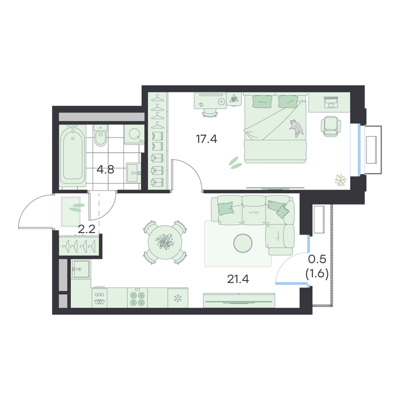 2 ккв (Евро) 46,3 м²
