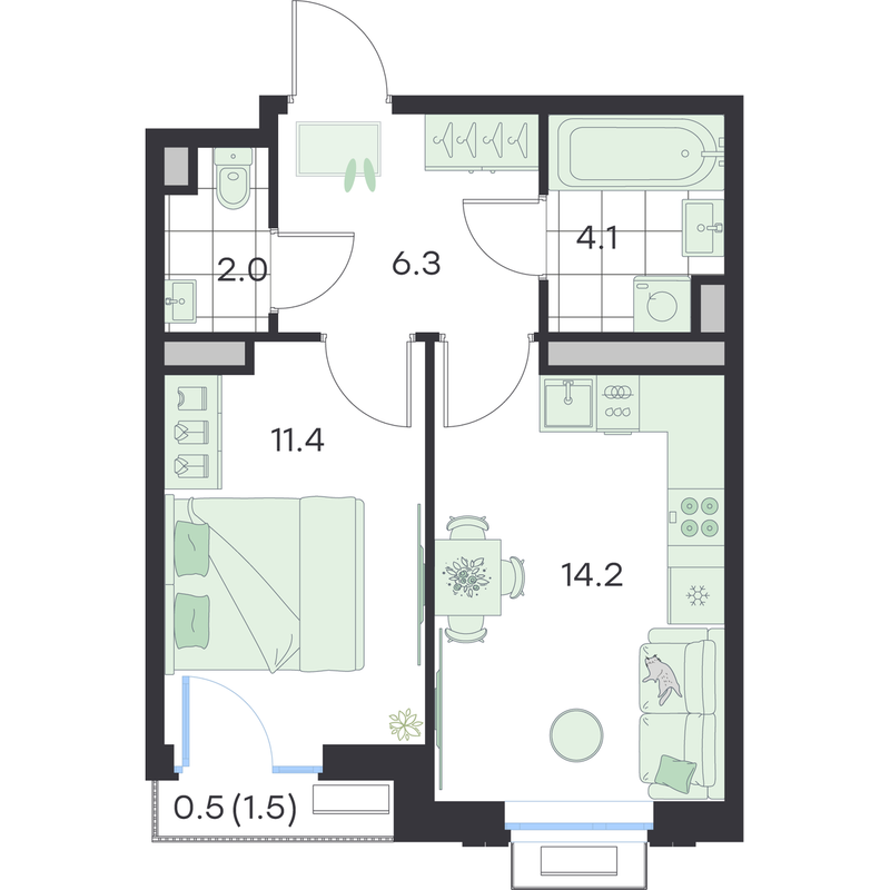 1 ккв 38,5 м²