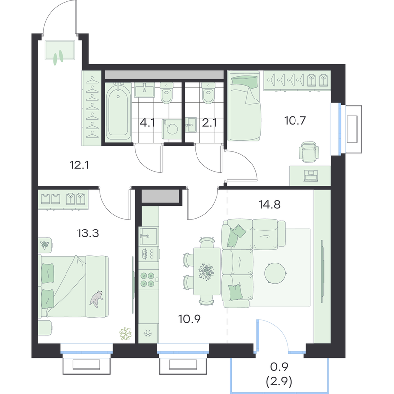 3 ккв (Евро) 68,9 м²