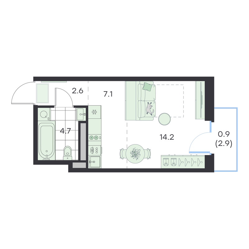 Студия 29,5 м²