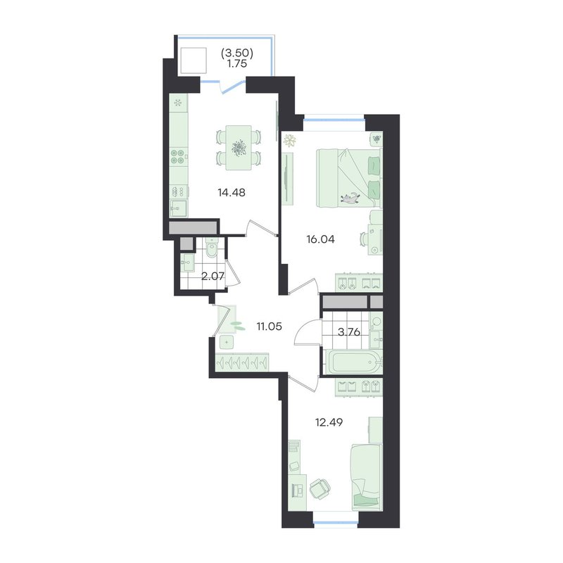 2 ккв 61,6 м²