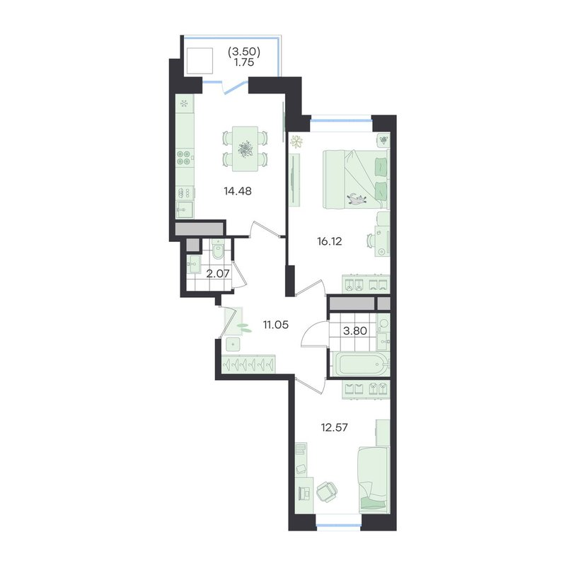 2 ккв 61,8 м²