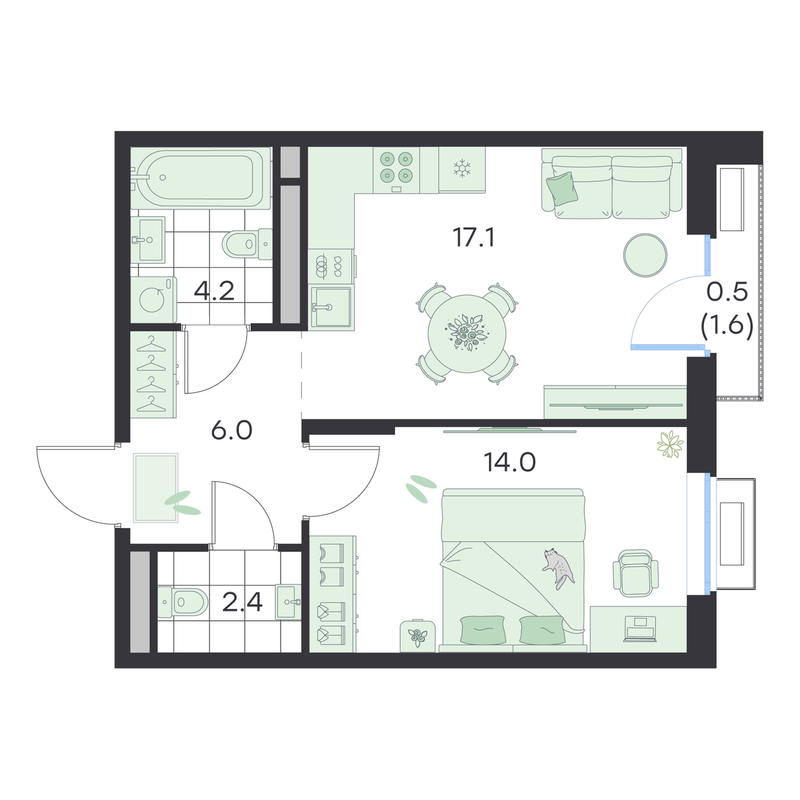 2 ккв (Евро) 44,2 м²