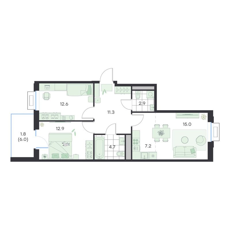 3 ккв (Евро) 69,6 м²