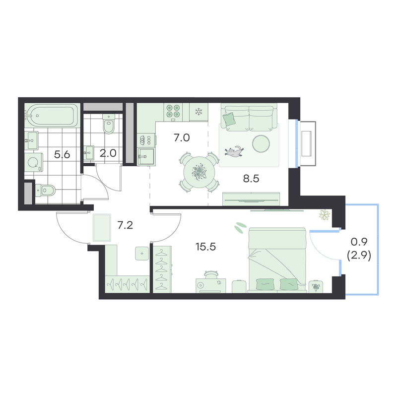 2 ккв (Евро) 46,7 м²