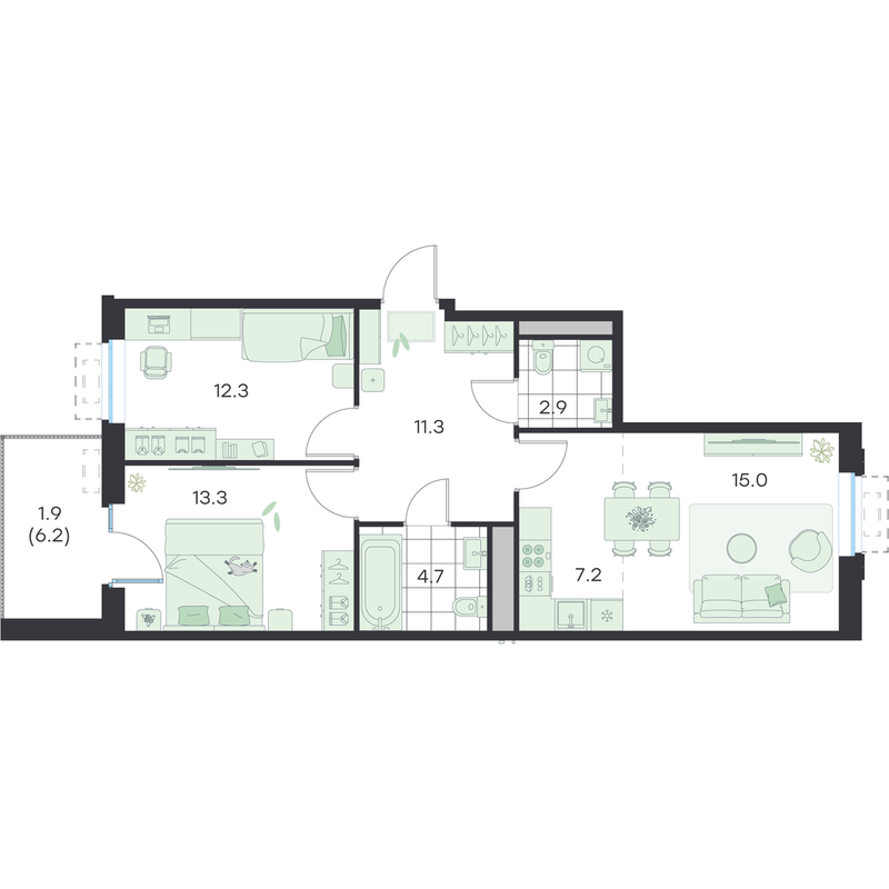 3 ккв (Евро) 68,6 м²