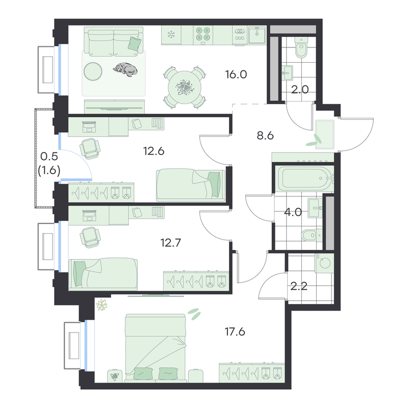 4 ккв (Евро) 76,2 м²