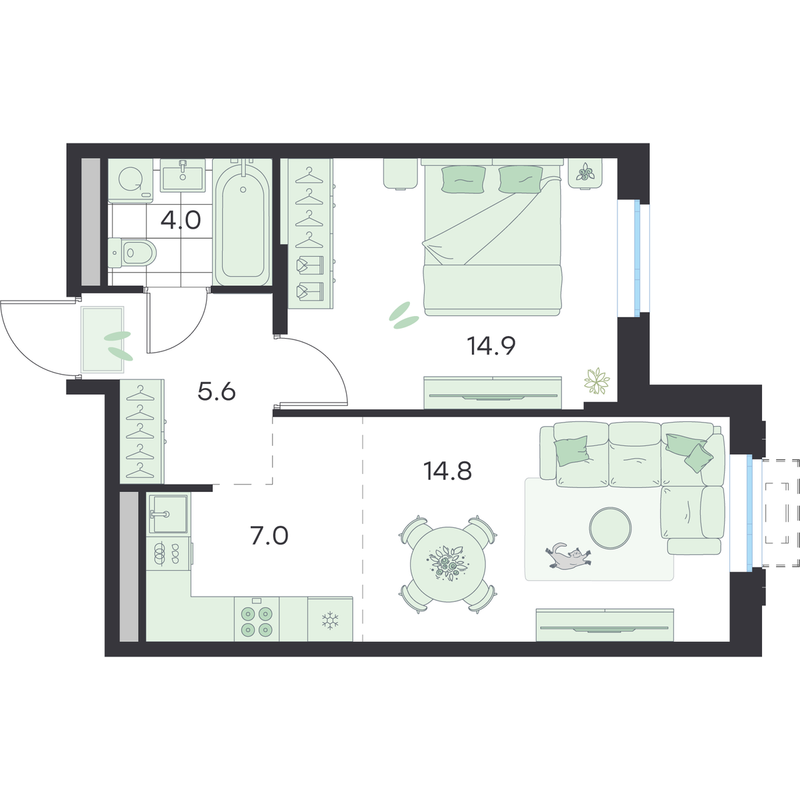 2 ккв (Евро) 46,3 м²