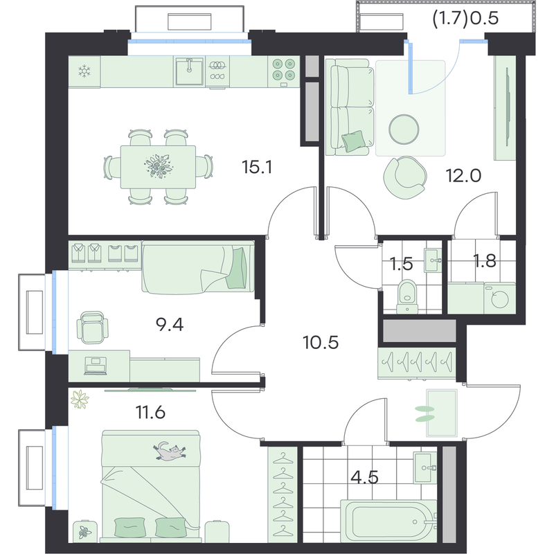 4 ккв (Евро) 66,9 м²