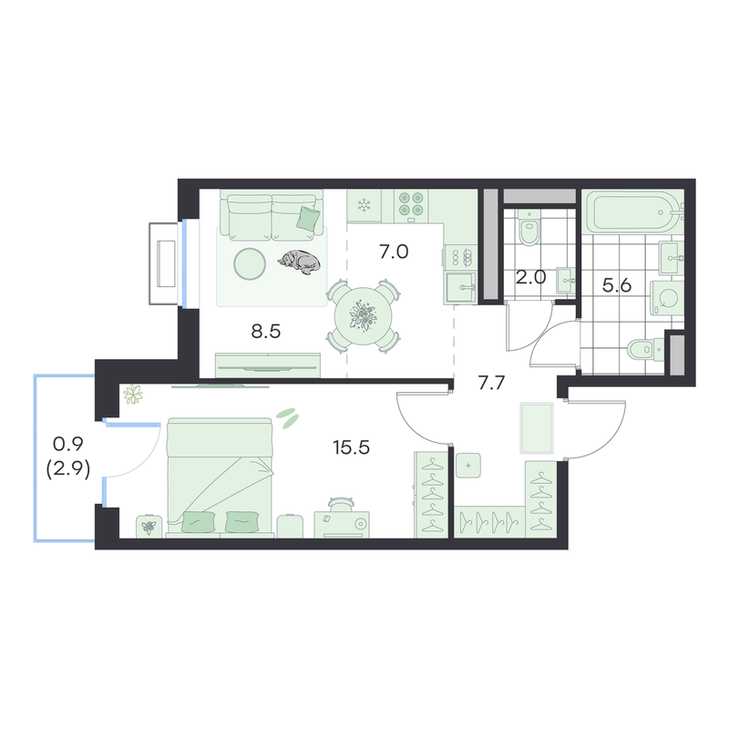 2 ккв (Евро) 47,2 м²