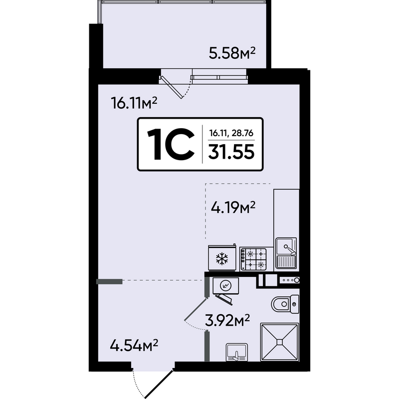 Студия 31,6 м²
