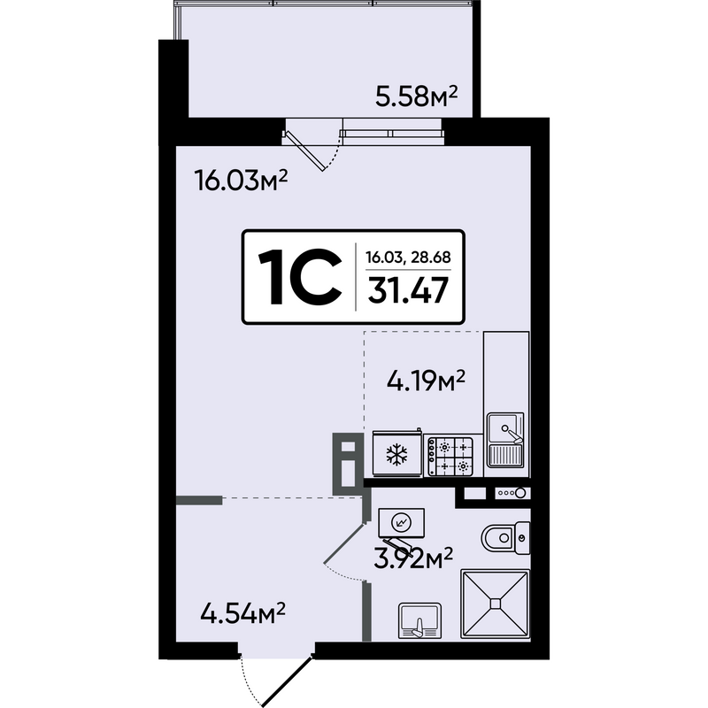 Студия 31,5 м²