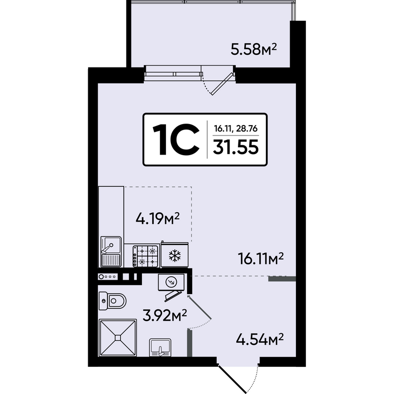 Студия 31,6 м²