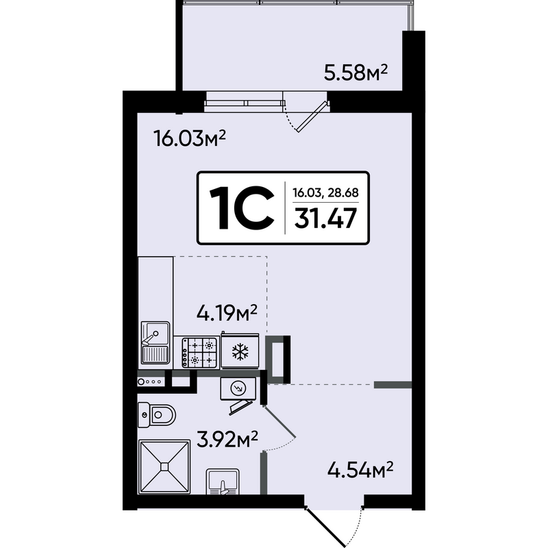 Студия 31,5 м²