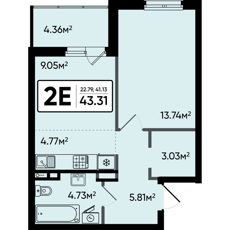 1 ккв 43,3 м²